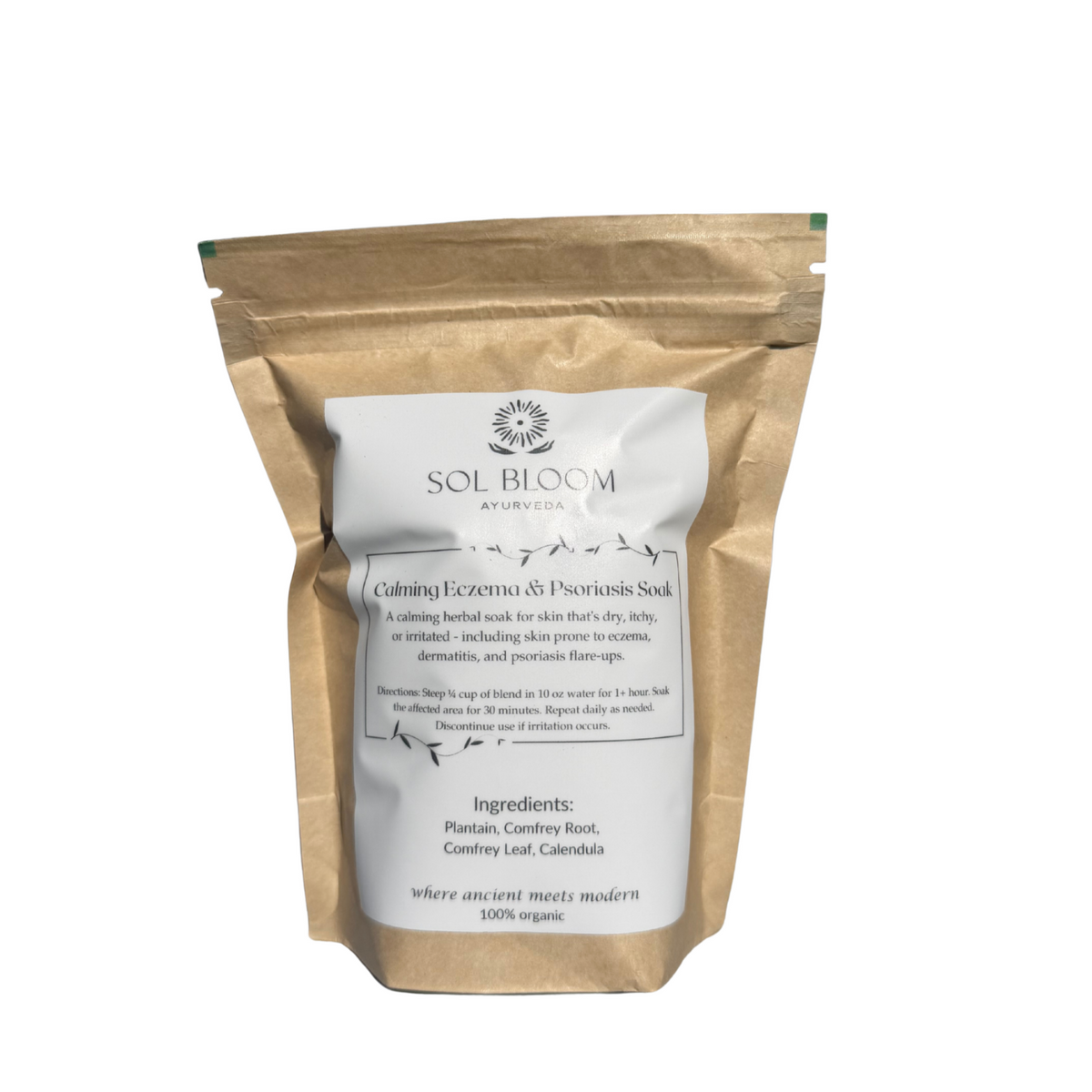 Sol Bloom organic Eczema & Psoriasis Hand Soak — front of pouch
