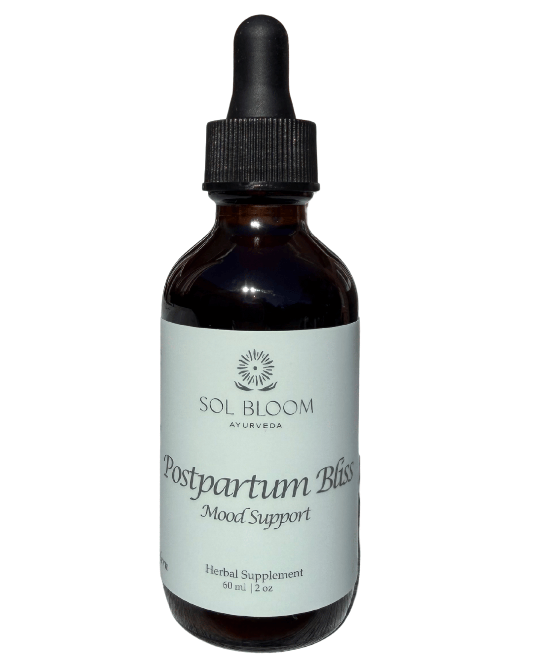 Sol Bloom Postpartum Bliss Tincture for mood — front label, 2oz